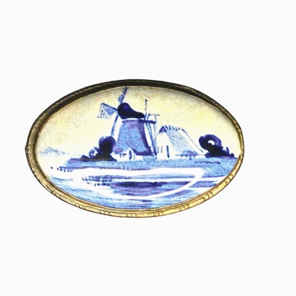 Vintage 835 Silver Delph Holland Porcelain Brooch